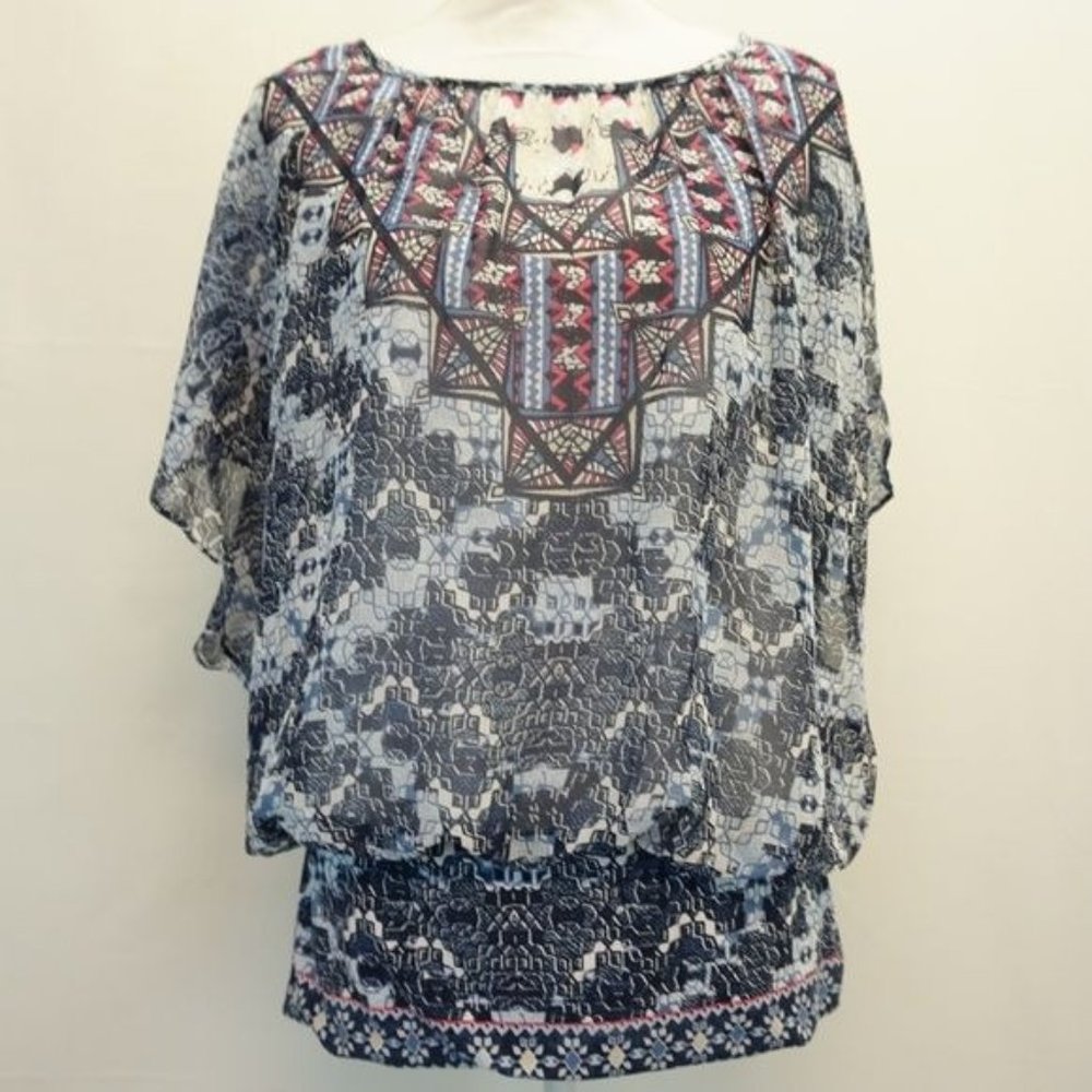 JM Collection Women's Top S Printed Banded Flutter Sleeve Blouse Shirt S